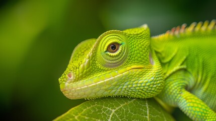 Fototapeta premium A tight shot of a green chameleon perched on a leaf against a softly blurred background