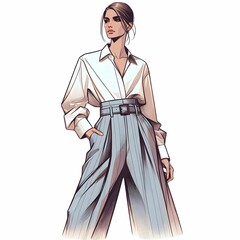 パステルカラーで描かれたモダンなイラストスタイルの女性全身像です。女性は髪をシンプルにまとめ、白いシャツとベルト付きのハイウエストパンツを着用しています。ポーズは自信に満ちており、洗練されたファッションセンスを感じさせます。全体的にクリーンでスタイリッシュな印象を与えます。