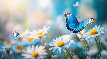 Blue butterflies on daisy flowers in meadow. Nature background. Landscape panorama with generative ai