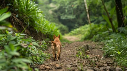 Fototapeta premium A small brown dog walks down a dirt path in a forest, surrounded by lush green plants on each side