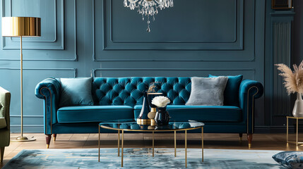 living room interior design with a velvet sofa in a rich color like deep blue or emerald. with metallic accents, such as a gold coffee table or brass floor lamp, 