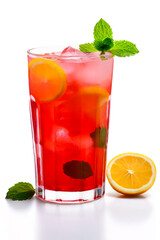 Fresh red lemonade drink with mint leaves on  white background