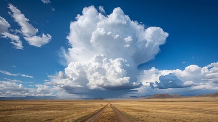 Fototapeta premium A dirt path through a field's heart, graced by a looming sky cloud above