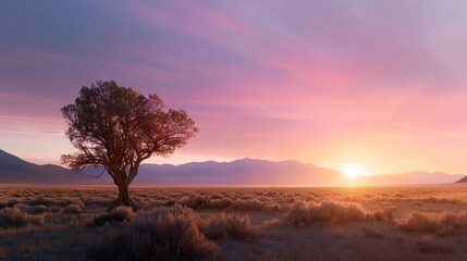 Obraz premium A solitary tree in the open field, silhouetted against the sunset Distant mountains in the background