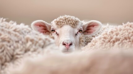 Obraz premium A close-up of a sheep's face amidst a flock, with fleece clearly visible