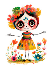 A cute skeleton, a symbol of the Mexican Day of the Dead holiday, La Calavera Catrina, in a bright outfit stands among flowers. Watercolor digital illustration.
