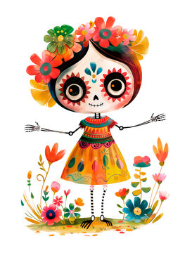 A cute skeleton, a symbol of the Mexican Day of the Dead holiday, La Calavera Catrina, in a bright outfit stands among flowers. Watercolor digital illustration.