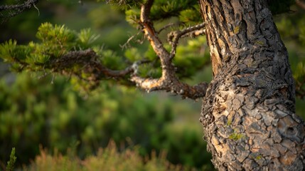 Obraz premium A tight shot of a pine tree's upper portion, featuring a bird atop its peak in the near distance