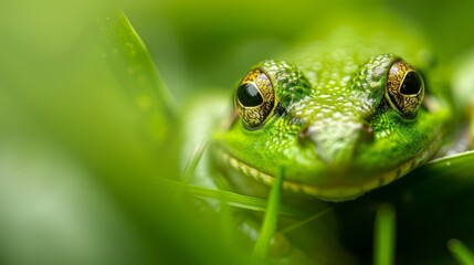 Obraz premium A tight shot of a green frog's expression on a blade of grass, background softly blurred
