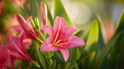 Naklejka premium A tight shot of a pink bloom against a backdrop of out-of-focus green foliage