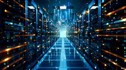 Server Room With Glowing Data Stream in a Modern Data Center