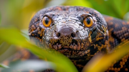 Obraz premium A tight shot of a lizard's face peeking through tree leaves at a zoo or wildlife park