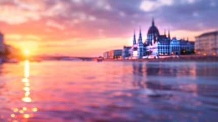 Naklejka premium A large building backdrops a tranquil expanse of water at sunset