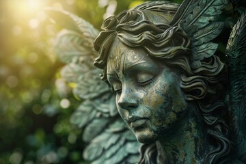 Obraz premium A serene woman with an angelic face, adorned with delicate wings, exuding a sense of peace and grace, A celestial being with wings and a serene expression, AI generated