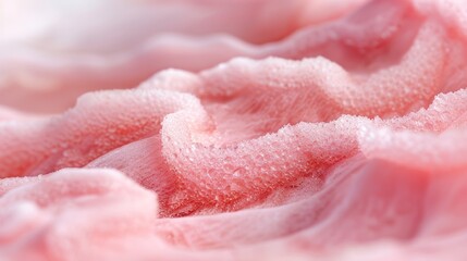 Fototapeta premium A tight shot of pink fabric, adorned with water droplets, against a softly blurred backdrop of the same fabric