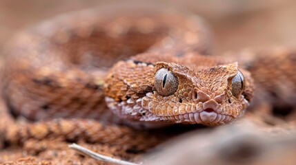  A tight shot of a snake's head, eyes fully dilated, against a hazy backdrop