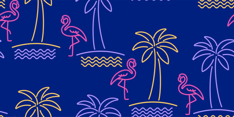 Seamless pattern with flamingo and palm trees in modern neon color. Outline minimal illustration. © AnnaPa