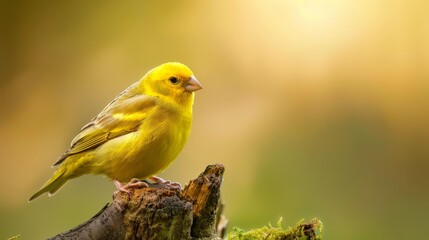 Fototapeta premium A tiny yellow bird perches atop a forested tree stump, bathed in sunlight's warm glow