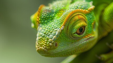 Obraz premium A tight shot of a green-yellow chameleon perched on a tree branch, surrounded by leaves in the foreground