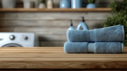 Folded Towels on Wooden Table in Bathroom Setting. Empty wooden board with towels on blurred background of washing machine in home laundry. Copy Space. AI generated image