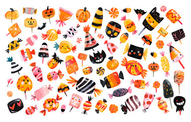 Naklejka premium Set of Halloween sweets and candies. Watercolor digital illustration on transparent background.
