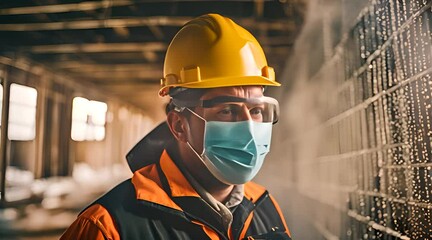 Construction Worker in Dust Mask Amidst Glass Wool Particles on Site