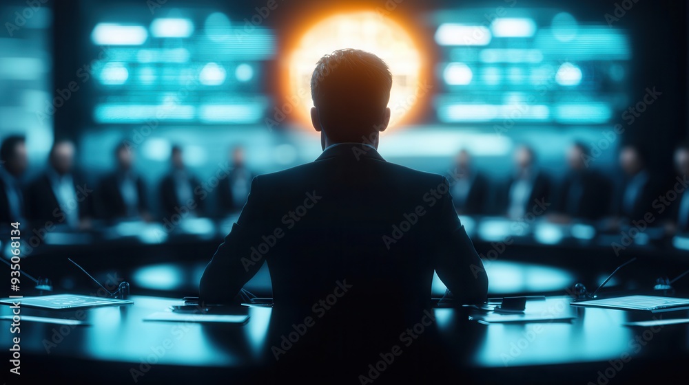 Wall mural Businessman in Meeting Room Looking at Screen.