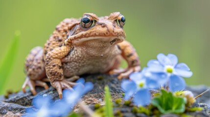 Obraz premium A tight shot of a frog perched on a rock Flowers dot the foreground, and grass and blue blossoms expand in the background