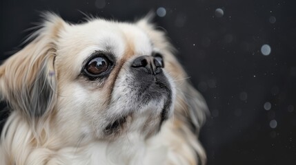  A tight shot of a wet-nosed dog's face gazing through a window, backdrop of raindrops on the panes