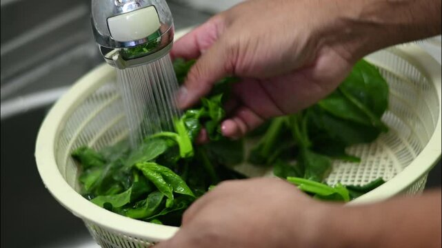 Handwashing malabar spinach or alugbati vegetable