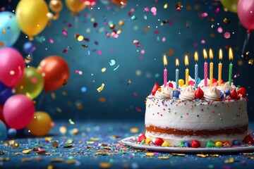 Celebration background concept with sweet cake, candles, balloons and confetti. Happy Birthday background with generative ai