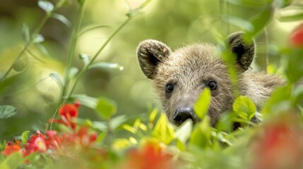 Obraz premium A small brown bear partially concealed by a bush, adorned with red flowers in the foreground, and surrounded by lush green foliage in the background