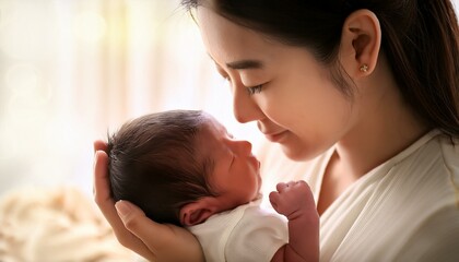 新生児の小さな手をそっと握る親のクローズアップ。深い愛と喜び。Close-up of a parent gently holding the tiny hand of a newborn baby. deep love and joy.