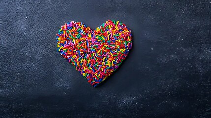 A heart shaped cookie covered in sprinkles on a black surface