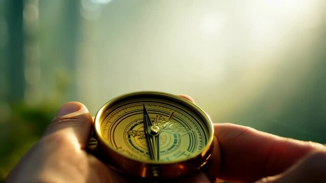 Exploring nature while using a vintage compass in an outdoor setting near a tranquil lake during golden hour