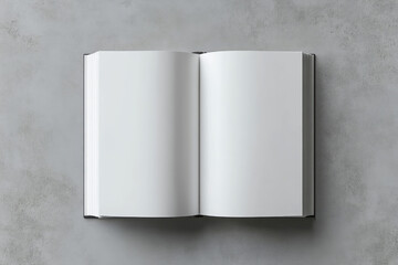 3D rendering of an open book with a blank white cover on a grey background. Mockup for design, print template. Created with Ai