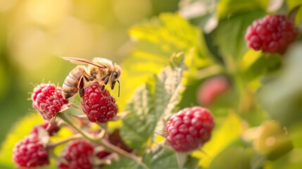  A bee atop a laden raspberry branch in a green, leafy tree Nearby, an adjacent cluster of red raspberries