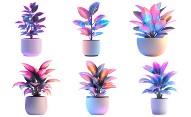 Neon indoor plant set isolated on transparent background