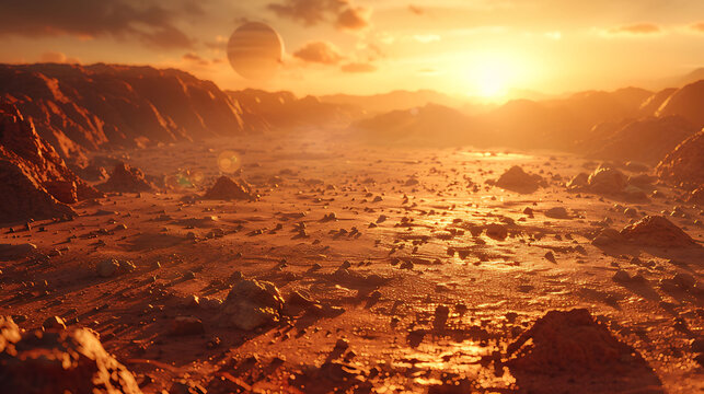 A detailed view of Mars’ surface showcasing its iconic red rocky terrain, barren landscape, and dust-filled atmosphere, highlighting the planet's rugged geology.  
