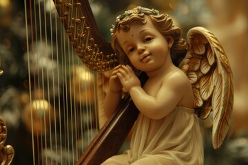 A young child with delicate angel wings, engaged in playing a harp, exuding a sense of joy and...