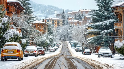 Snowy Street Scene with Cars and Houses in a Winter Landscape