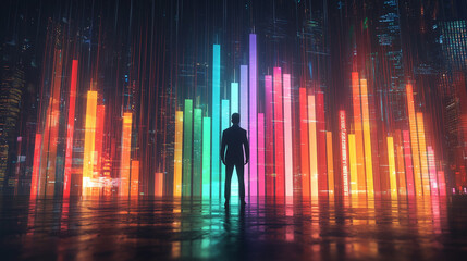 businessman standing in front of a floating holographic bar chart