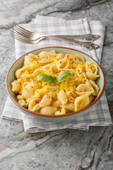 Creamy corn pasta Conchiglie with parmesan cheese and basil close-up in a bowl on the table. Vertical