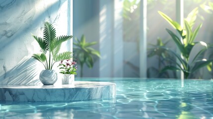 Tropical pool podium surrounded by lush greenery. The serene water and sunlight filtering through the palm leaves create a relaxing and luxurious atmosphere, perfect for a tranquil tropical retreat.