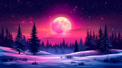 Fototapeta premium A Pink Moon Shines Over a Snowy Forest at Night