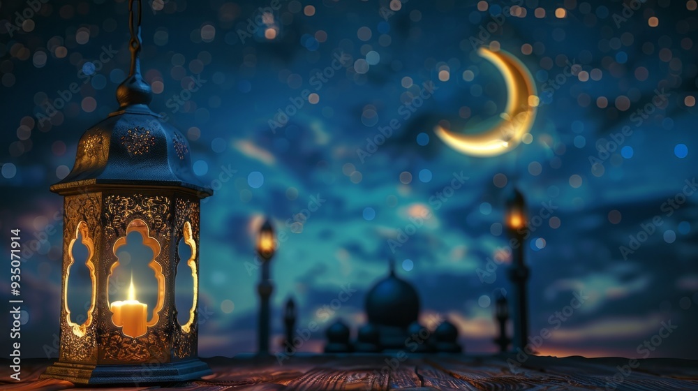 Poster a stunning lantern lights up the night, surrounded by a tranquil atmosphere as the crescent moon shi