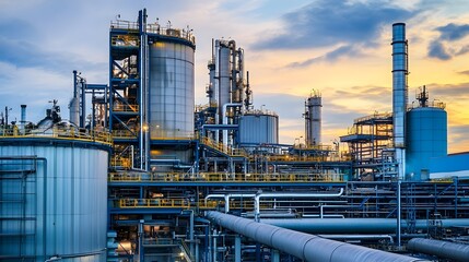 Biomass Conversion Facility A state of the art industrial site where various biomass are processed and converted into liquid biofuel with storage tanks and pipelines visible