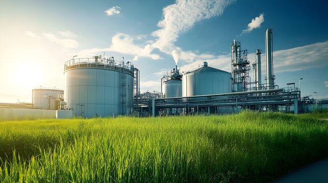 An industrial facility where biomass materials are being converted into liquid biofuel such as ethanol or biodiesel