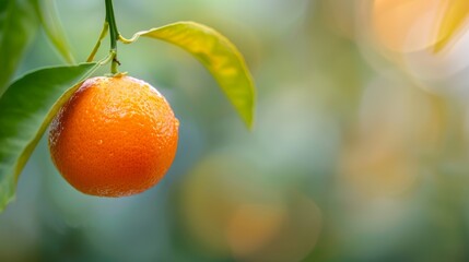  A tight shot of an orange on a tree branch against softly blurred leafy backdrop