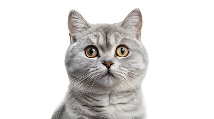 Fototapeta premium Portrait of a silver tabby british shorthair cat looking at the camera isolated on a white background